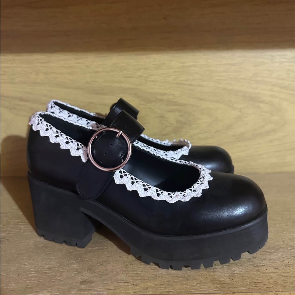 Dolls Kill Black Platform Shoes with White Lace Trim